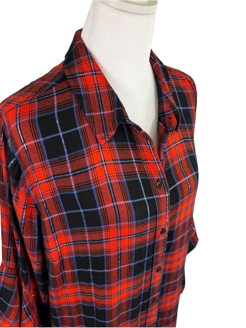 EST. 1946 Red Plaid Ruffle Sleeve Button Down Blouse Fall Chic Size L - Picture 10 of 13